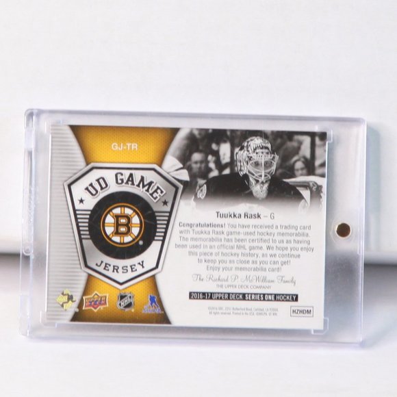 Tuukka Rask UD Game-Used Jersey Hockey Card Boston Bruins GJ-TR 2016/2017 - Picture 2 of 2